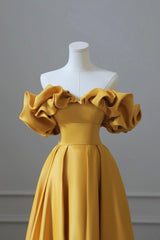 Yellow Satin Long Prom Dress Outfits For Girls, Simple Off Shoulder Evening Party Dress