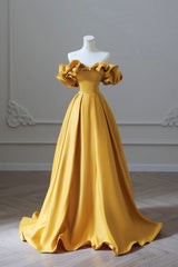 Yellow Satin Long Prom Dress Outfits For Girls, Simple Off Shoulder Evening Party Dress