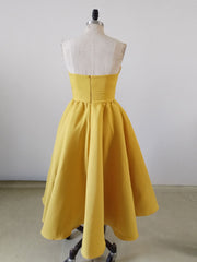 Yellow Sweetheart Neck Satin Tea Length Prom Dress Outfits For Girls, Yellow Formal Dress
