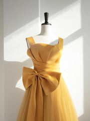 Yellow Tulle Long Party Dress Outfits For Women with Bow, Yellow Prom Dress Outfits For Women Evening Gown