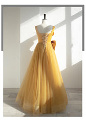 Yellow Tulle Long Party Dress Outfits For Women with Bow, Yellow Prom Dress Outfits For Women Evening Gown