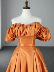 Orange Floor Length Satin Long Prom Dress, Off the Shoulder Evening Party Dress