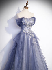 Charming Tulle Sequins A-Line Prom Dresses, Off the Shoulder Floor-Length Formal Dresses
