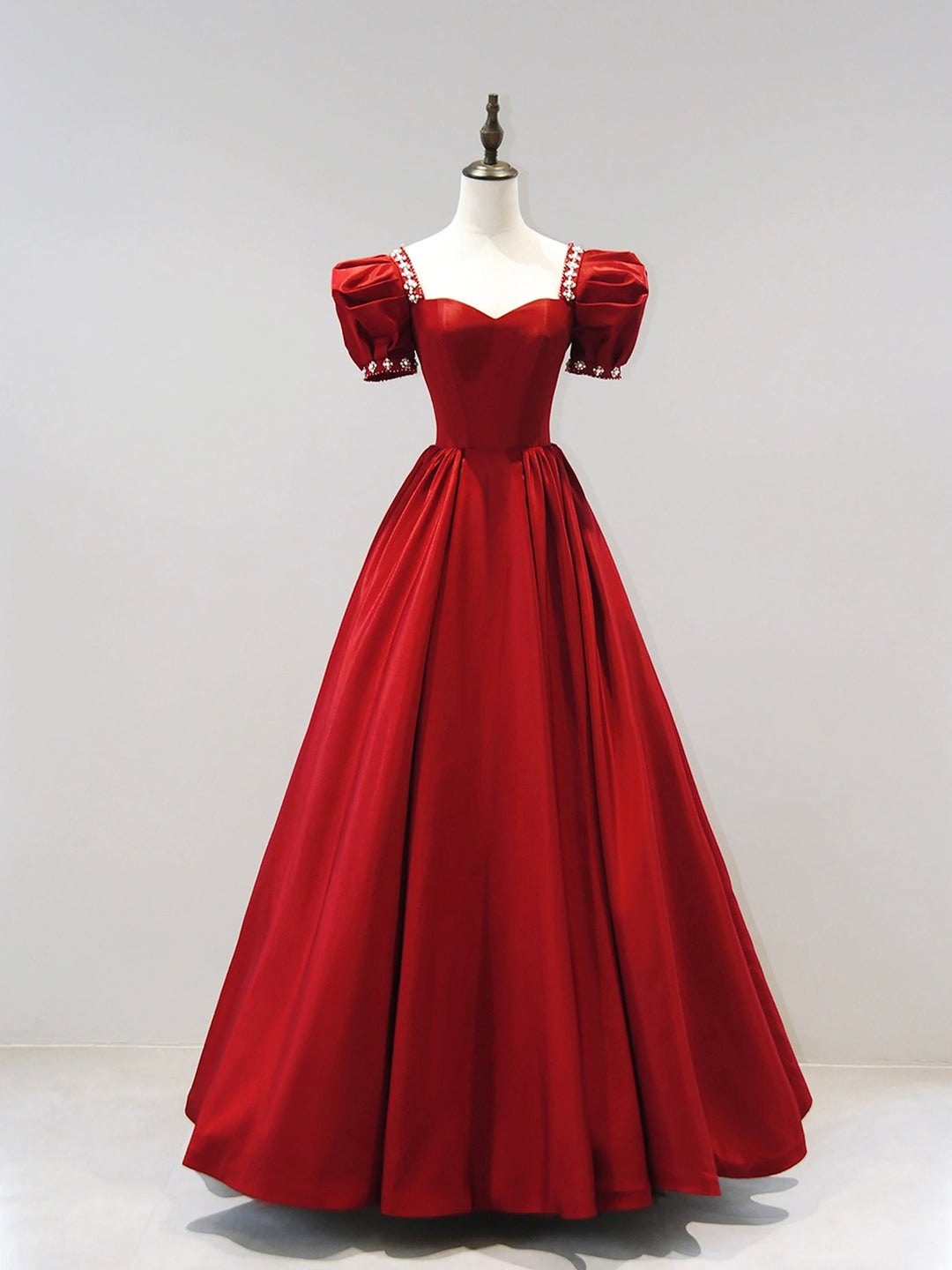 Burgundy Satin Floor Length Princess Dress with Beaded, A-Line Short Sleeve Evening Party Dress