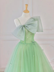 Green Tulle Short Prom Dress, A-Line Evening Dress with Bow