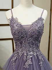 Purple Spaghetti Straps Lace Prom Dress, Lovely Tulle Corset Floor Length Evening Dress