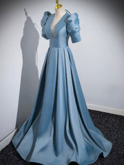 Blue Floor Length V-Neck Satin Prom Dress, Simple A-Line Evening Dress