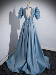 Blue Floor Length V-Neck Satin Prom Dress, Simple A-Line Evening Dress